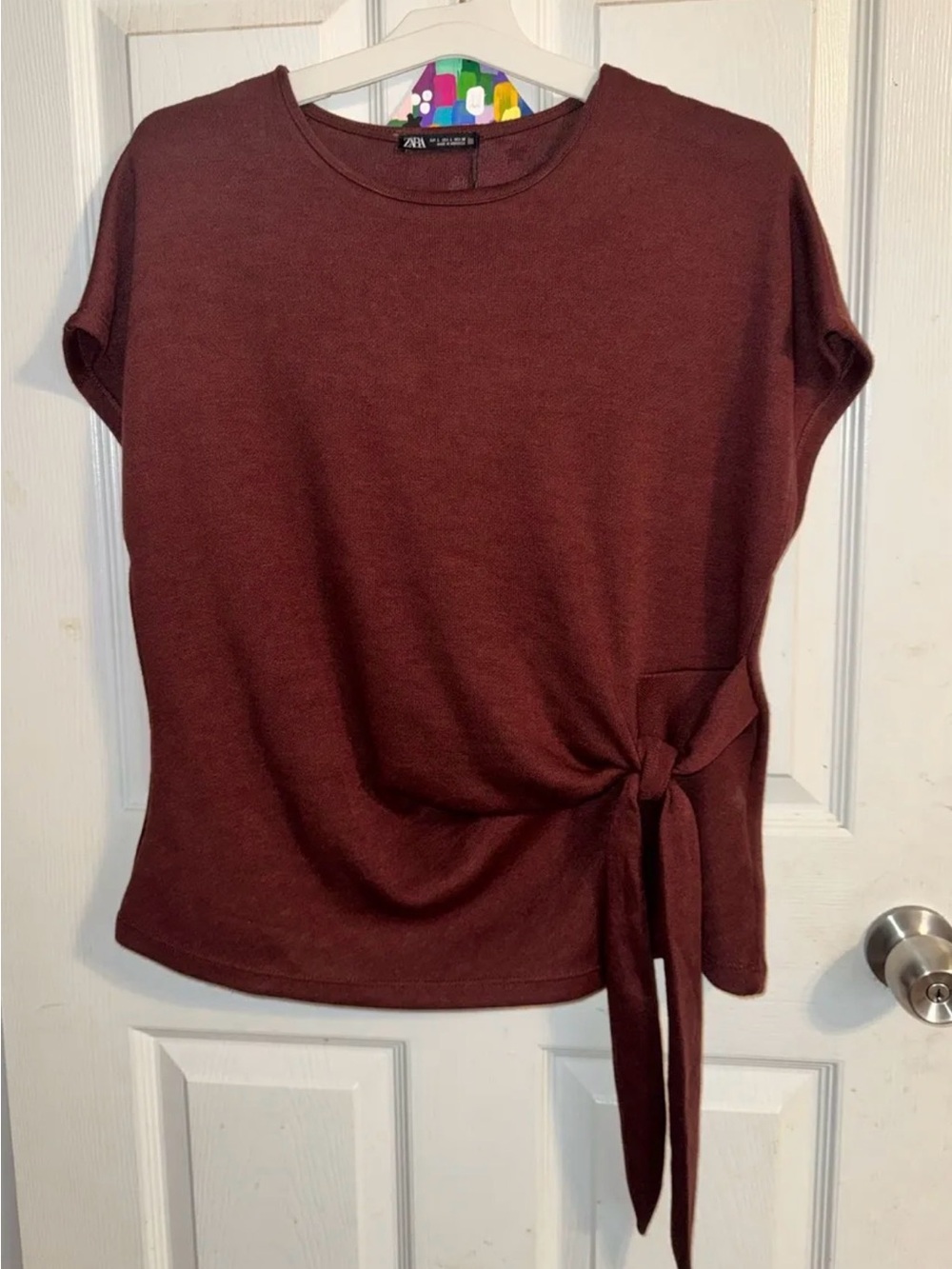 Zara Short-Sleeve Side-Tie Top in Deep Burgundy